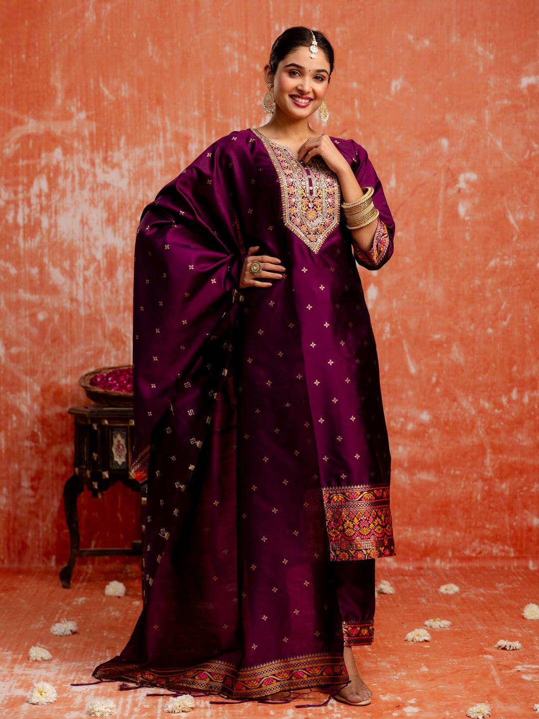 Dhiyona VV Kahani Women Purple Yoke Design Silk Blend Straight Suit With Dupatta
