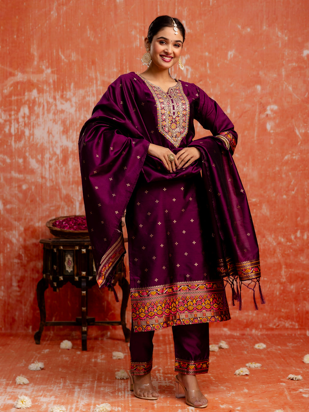 Dhiyona VV Kahani Women Purple Yoke Design Silk Blend Straight Suit With Dupatta