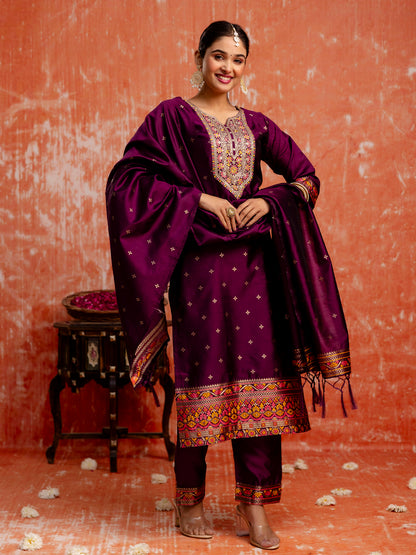 Dhiyona VV Kahani Women Purple Yoke Design Silk Blend Straight Suit With Dupatta