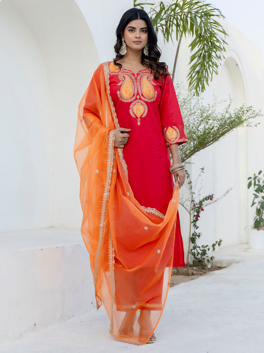 Dhiyona VV Sarayi Pink Silk Blend Straight Suit Set With Dupatta