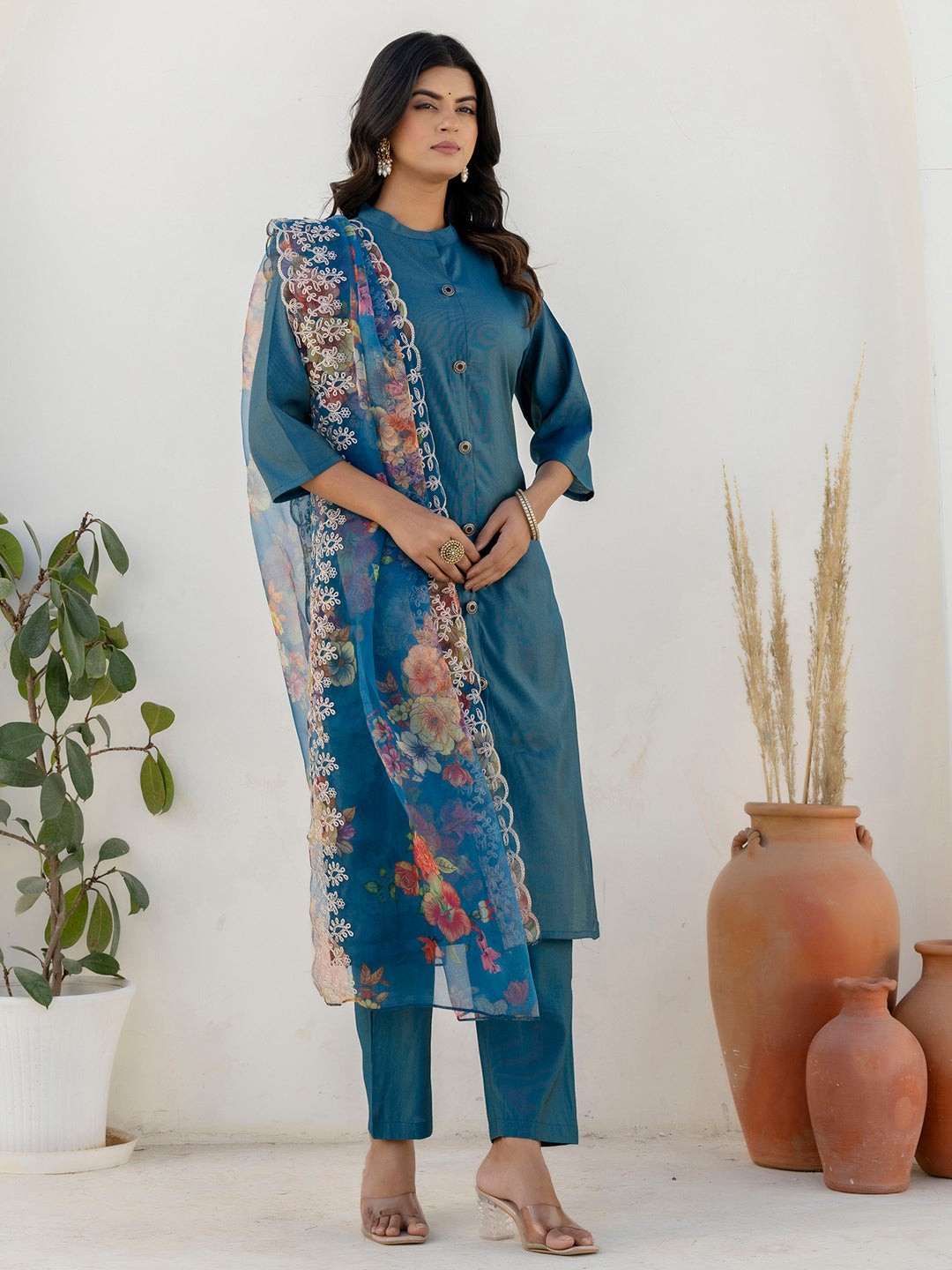 Dhiyona VV Binita Teal Blue Silk Blend Women Ethnic Suit Sets