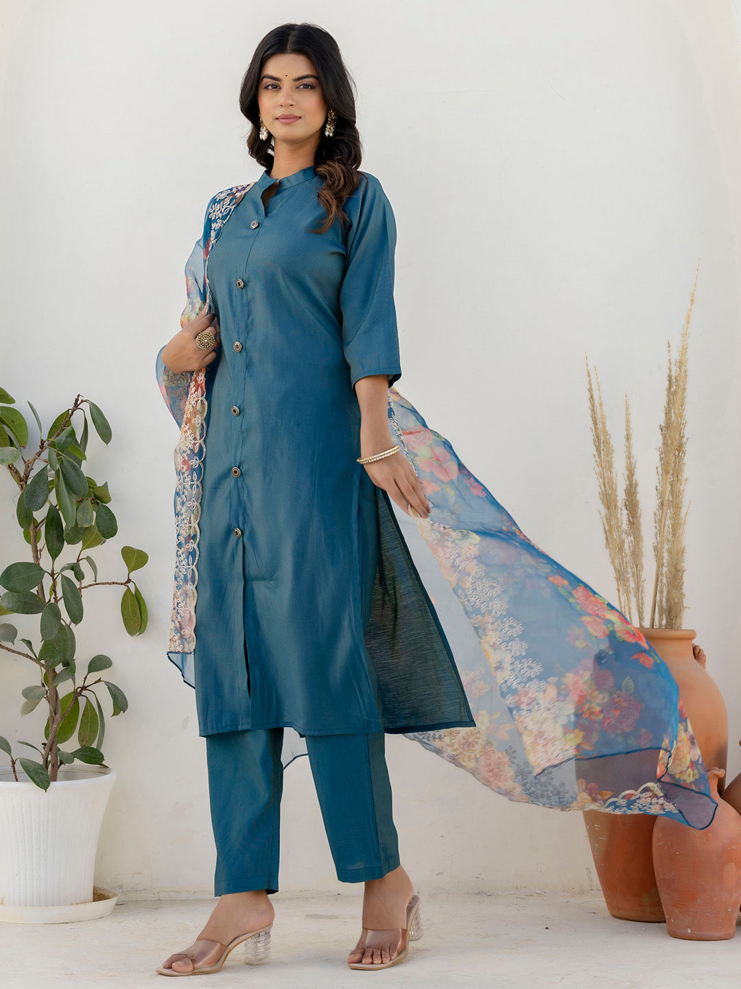 Dhiyona VV Binita Teal Blue Silk Blend Women Ethnic Suit Sets