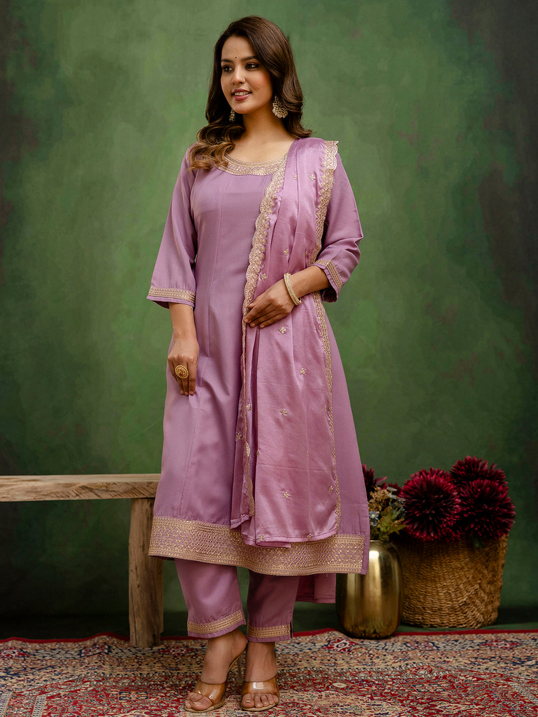 Dhiyona VV Navrangi Lavender Stylish Anarkali Kurta Set Ready to Wear Soft Silk Fabric with Embroidered Dupatta Tailored Fit