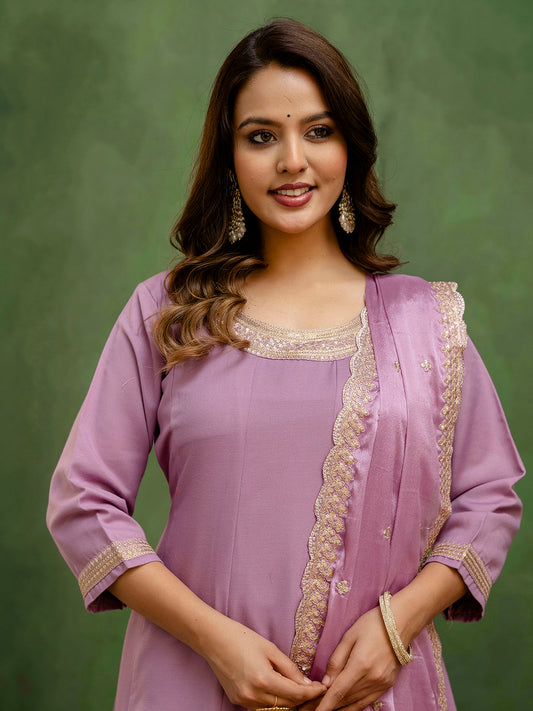 Dhiyona VV Navrangi Lavender Stylish Anarkali Kurta Set Ready to Wear Soft Silk Fabric with Embroidered Dupatta Tailored Fit