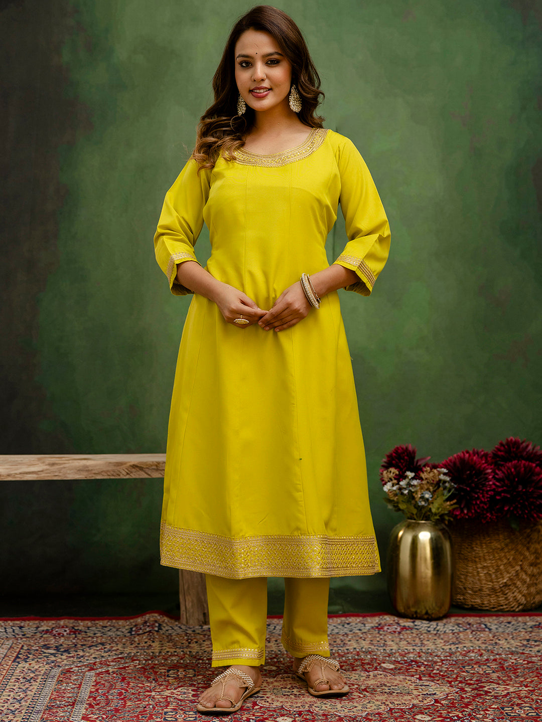 Dhiyona VV Lalita Lemon Stylish Anarkali Kurta Set Ready to Wear Soft Silk Fabric with Embroidered Dupatta Tailored Fit
