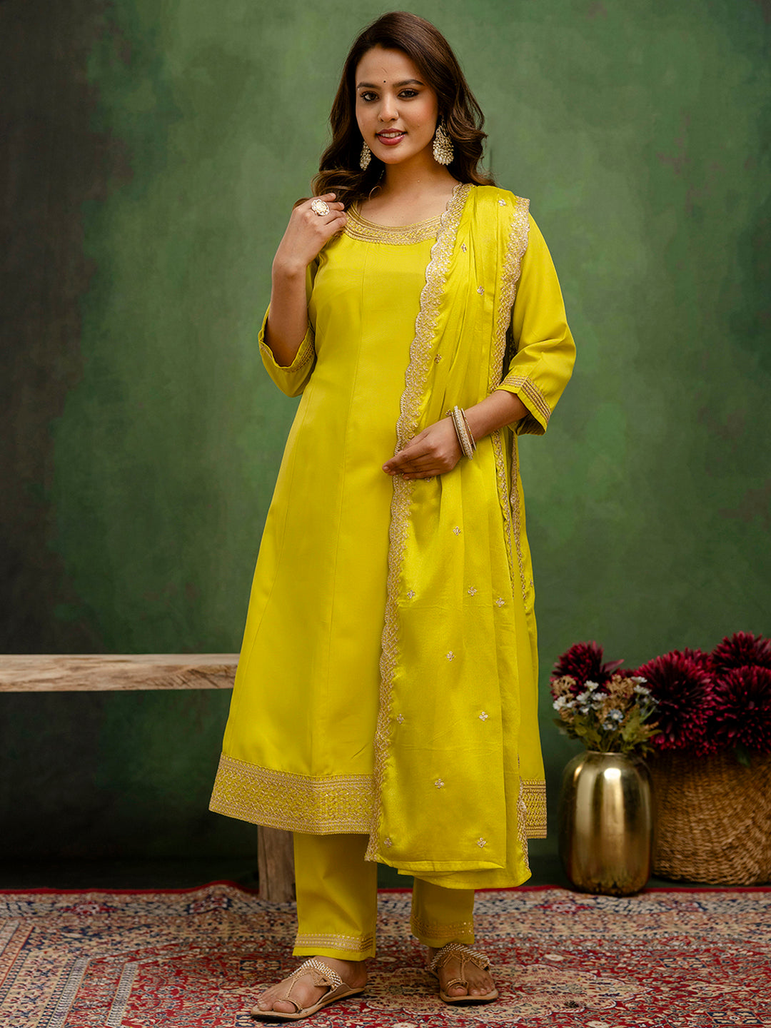 Dhiyona VV Lalita Lemon Stylish Anarkali Kurta Set Ready to Wear Soft Silk Fabric with Embroidered Dupatta Tailored Fit