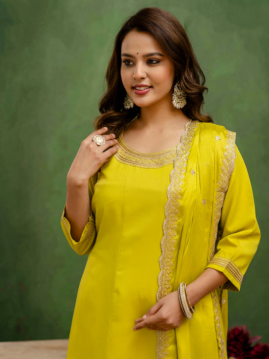 Dhiyona VV Lalita Lemon Stylish Anarkali Kurta Set Ready to Wear Soft Silk Fabric with Embroidered Dupatta Tailored Fit