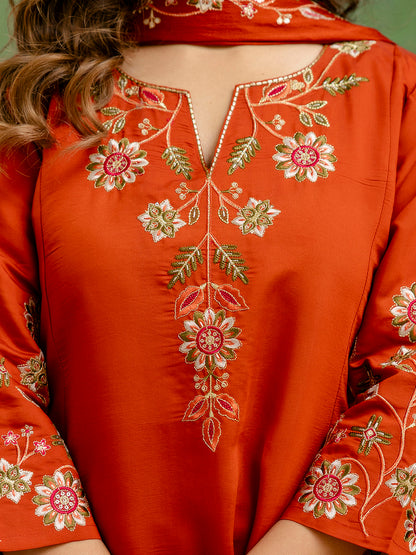 Dhiyona VV Rust Women Anarkali Kurta with Pant & Chinon Dupatta Suits, Festive Ethnic Set