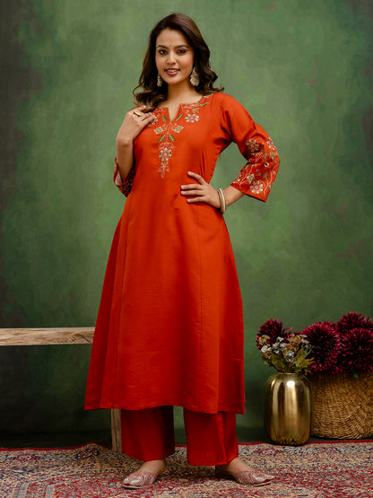 Dhiyona VV Rust Women Anarkali Kurta with Pant & Chinon Dupatta Suits, Festive Ethnic Set