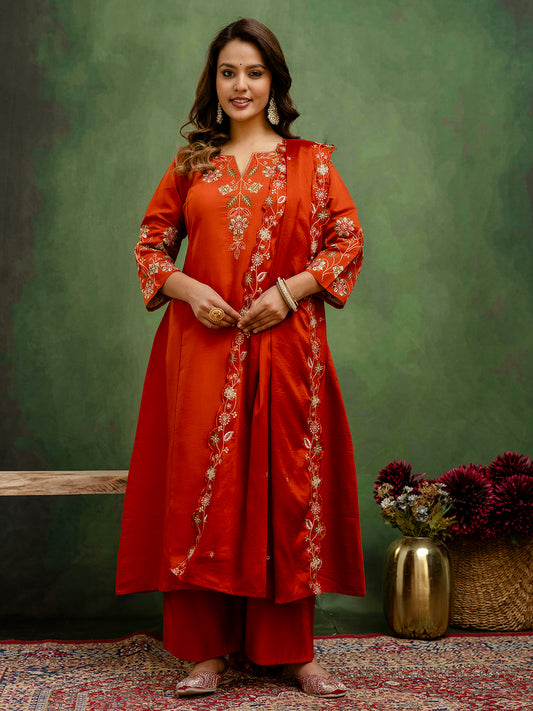 Dhiyona VV Rust Women Anarkali Kurta with Pant & Chinon Dupatta Suits, Festive Ethnic Set