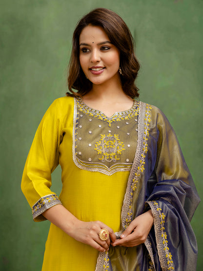Dhiyona VV Andaz Mustard Women's Silk Blend Embroidered Kurta Pant with Dupatta Set