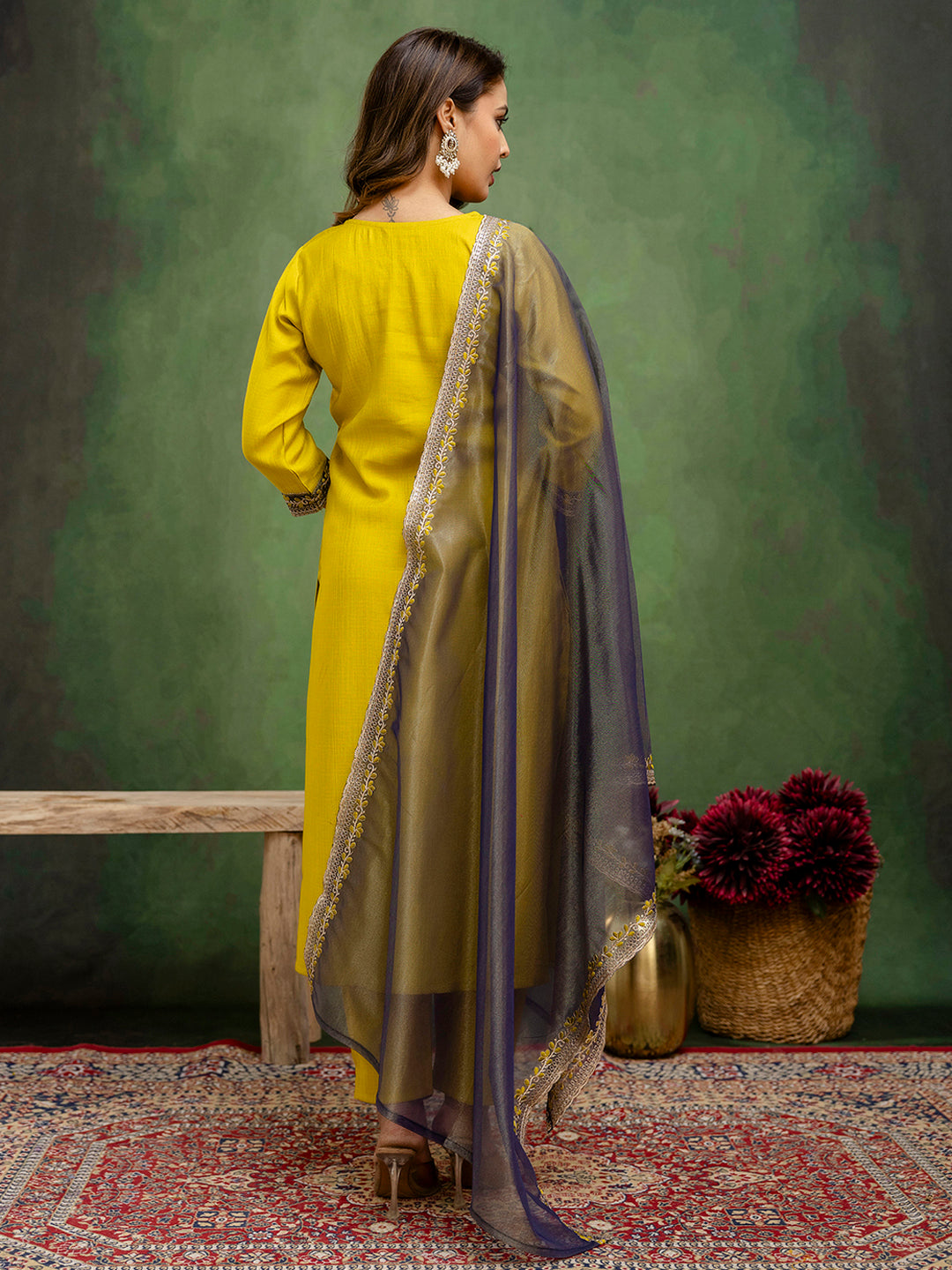 Dhiyona VV Andaz Mustard Women's Silk Blend Embroidered Kurta Pant with Dupatta Set