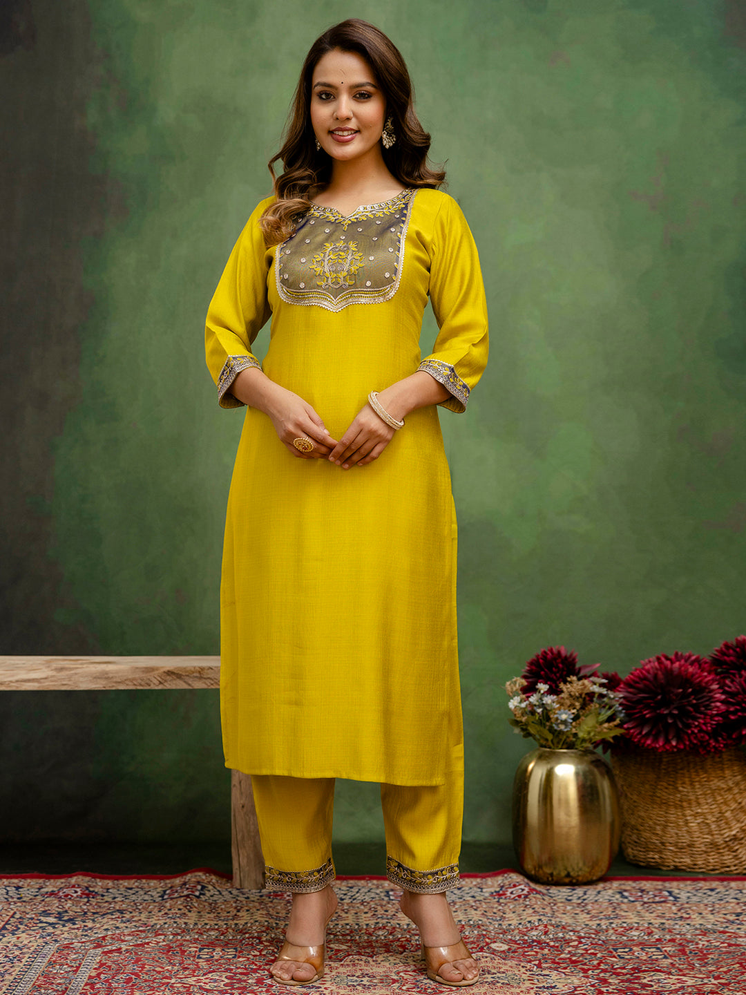 Dhiyona VV Andaz Mustard Women's Silk Blend Embroidered Kurta Pant with Dupatta Set