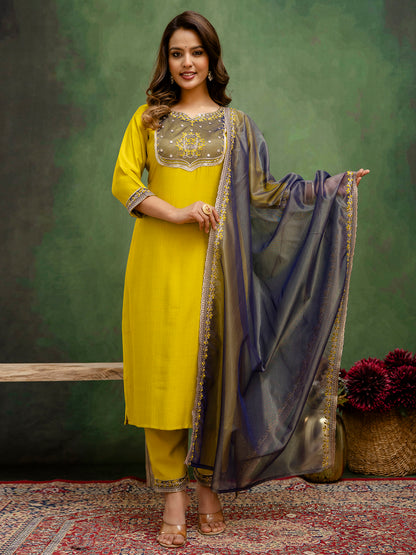 Dhiyona VV Andaz Mustard Women's Silk Blend Embroidered Kurta Pant with Dupatta Set