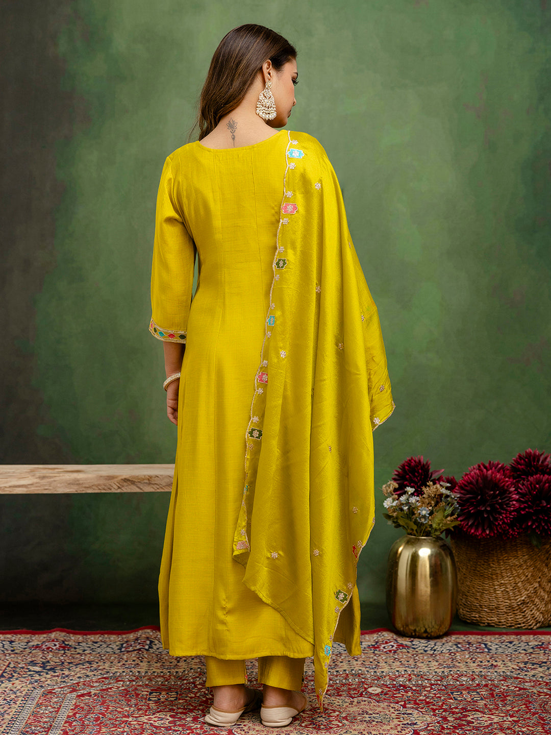 Dhiyona VV Kavisha Lemon Stylish Anarkali Kurta Set Ready to Wear Soft Silk Fabric with Embroidered Dupatta Tailored Fit