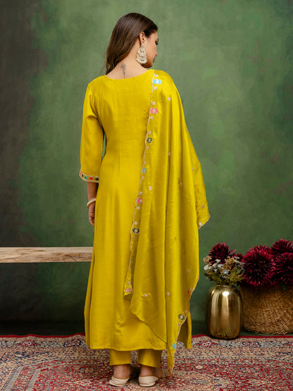 Dhiyona VV Kavisha Lemon Stylish Anarkali Kurta Set Ready to Wear Soft Silk Fabric with Embroidered Dupatta Tailored Fit