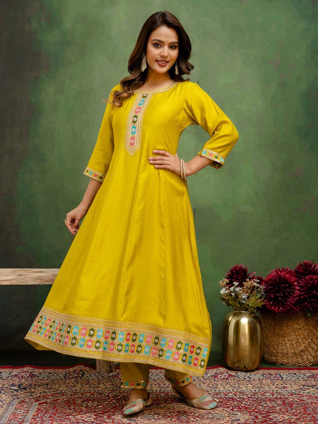 Dhiyona VV Kavisha Lemon Stylish Anarkali Kurta Set Ready to Wear Soft Silk Fabric with Embroidered Dupatta Tailored Fit