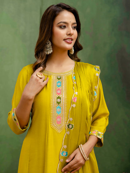 Dhiyona VV Kavisha Lemon Stylish Anarkali Kurta Set Ready to Wear Soft Silk Fabric with Embroidered Dupatta Tailored Fit