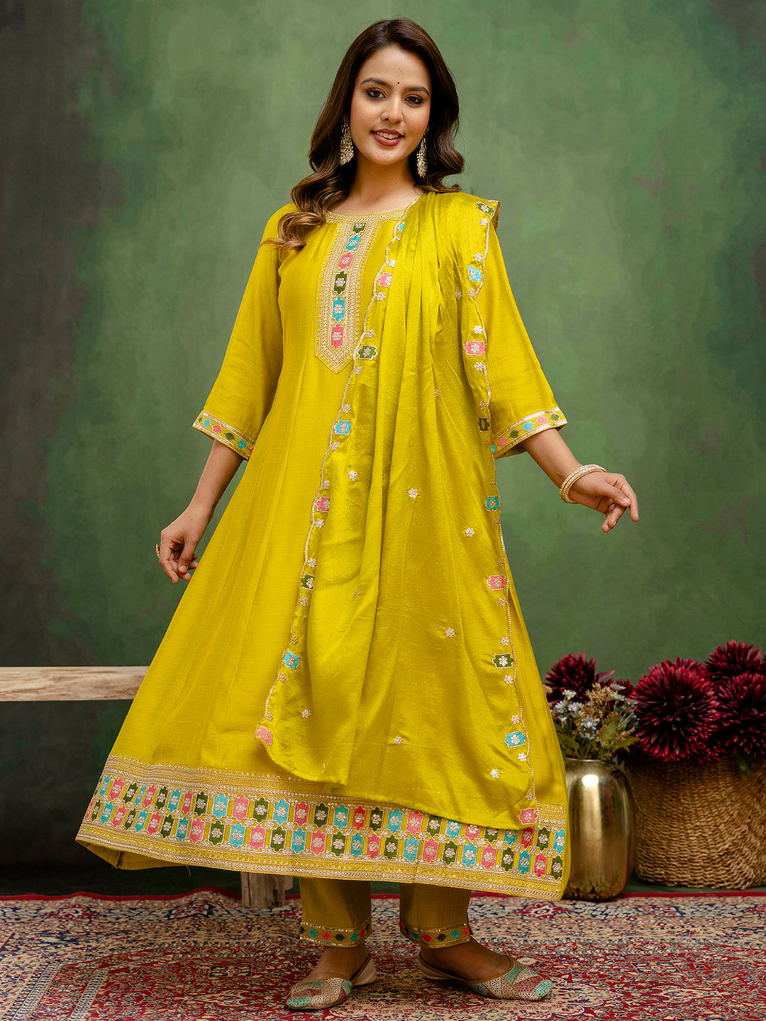 Dhiyona VV Kavisha Lemon Stylish Anarkali Kurta Set Ready to Wear Soft Silk Fabric with Embroidered Dupatta Tailored Fit