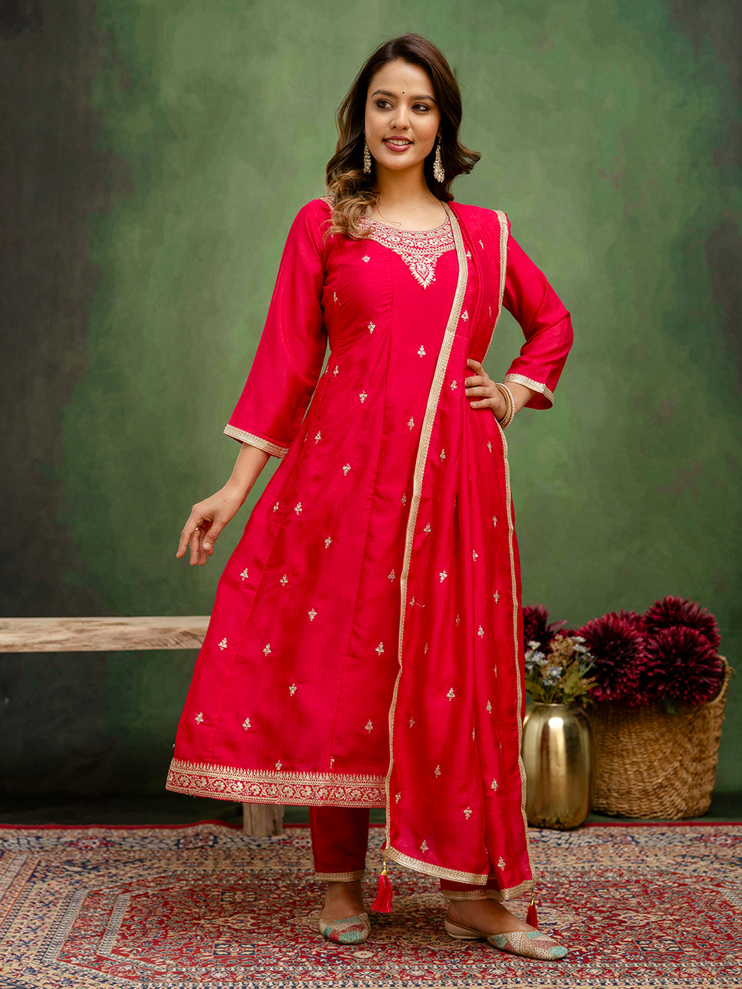 Dhiyona VV Tanmayi Elegant Ready to Wear Anarkali Kurta Set in Soft Silk Blend with Embroidered Dupatta and Perfect Fit