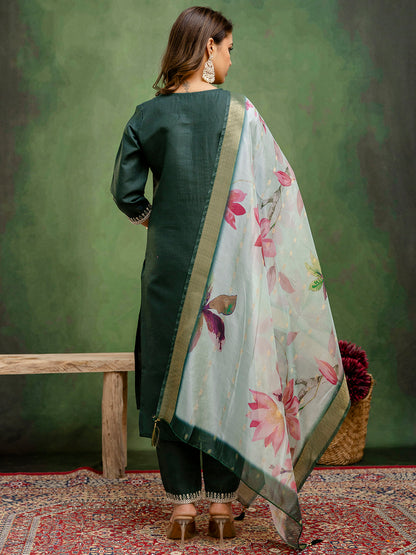 Dhiyona VV Haimavati Green Women Kurta and Trousers Pant Sets Cotton Blend