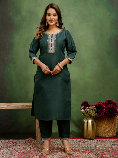 Dhiyona VV Haimavati Green Women Kurta and Trousers Pant Sets Cotton Blend