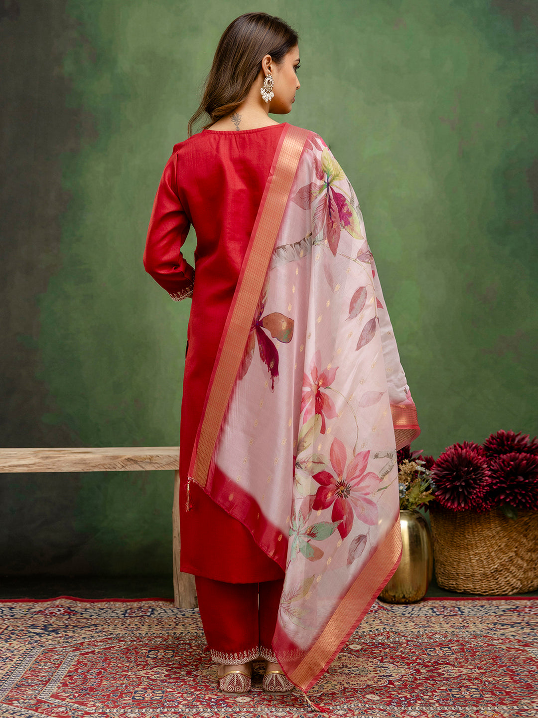 Dhiyona VV Nitya Maroon Women Kurta and Trousers Pant Sets Cotton Blend