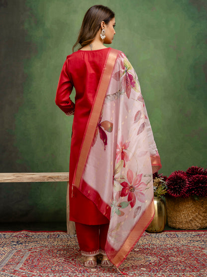 Dhiyona VV Maroon Women Kurta and Trousers Pant Sets Cotton Blend