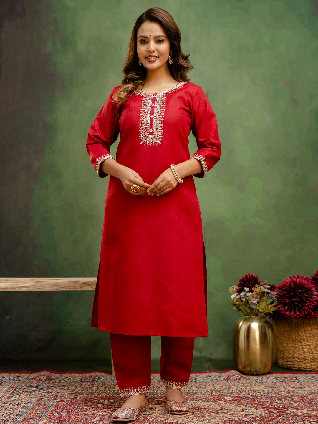 Dhiyona VV Nitya Maroon Women Kurta and Trousers Pant Sets Cotton Blend