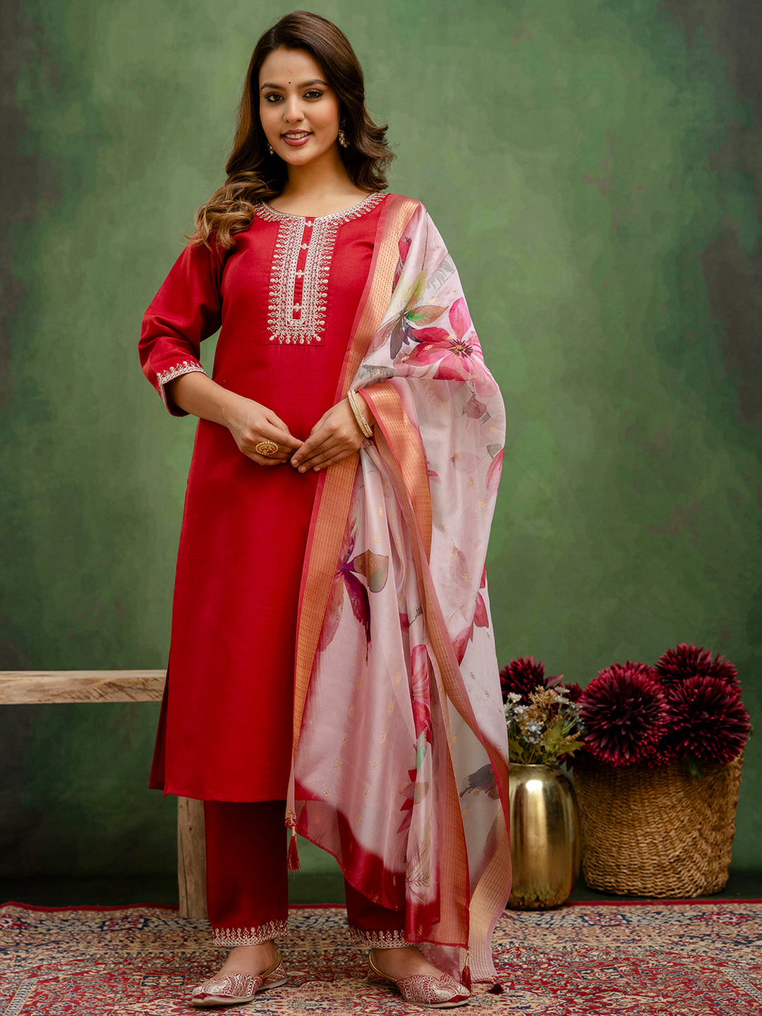Dhiyona VV Maroon Women Kurta and Trousers Pant Sets Cotton Blend