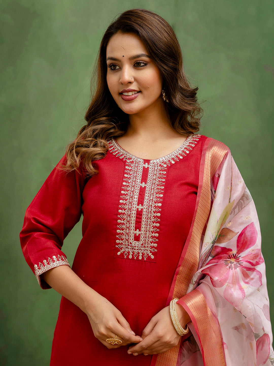 Dhiyona VV Nitya Maroon Women Kurta and Trousers Pant Sets Cotton Blend