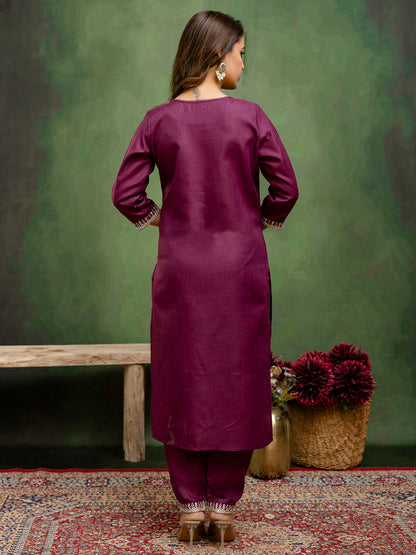 Dhiyona VV Nitya Purple Women Kurta and Trousers Pant Sets Cotton Blend