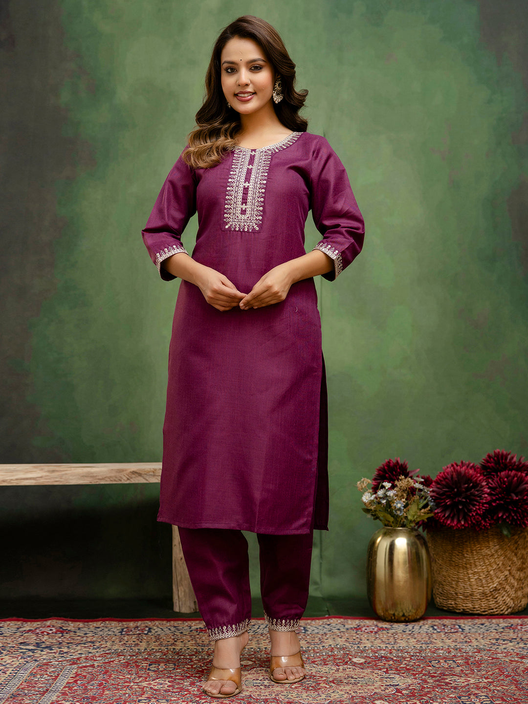 Dhiyona VV Nitya Purple Women Kurta and Trousers Pant Sets Cotton Blend