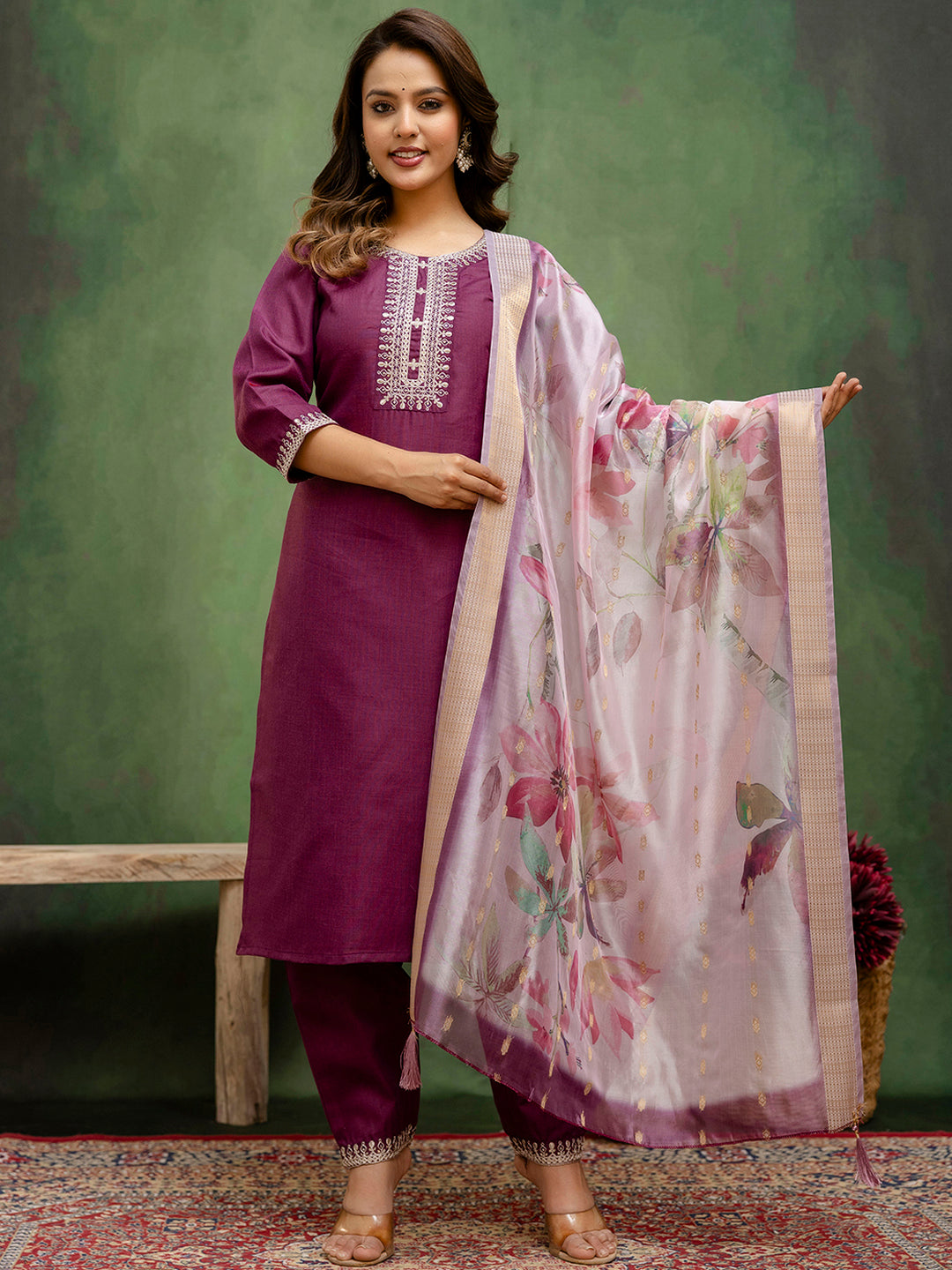 Dhiyona VV Nitya Purple Women Kurta and Trousers Pant Sets Cotton Blend