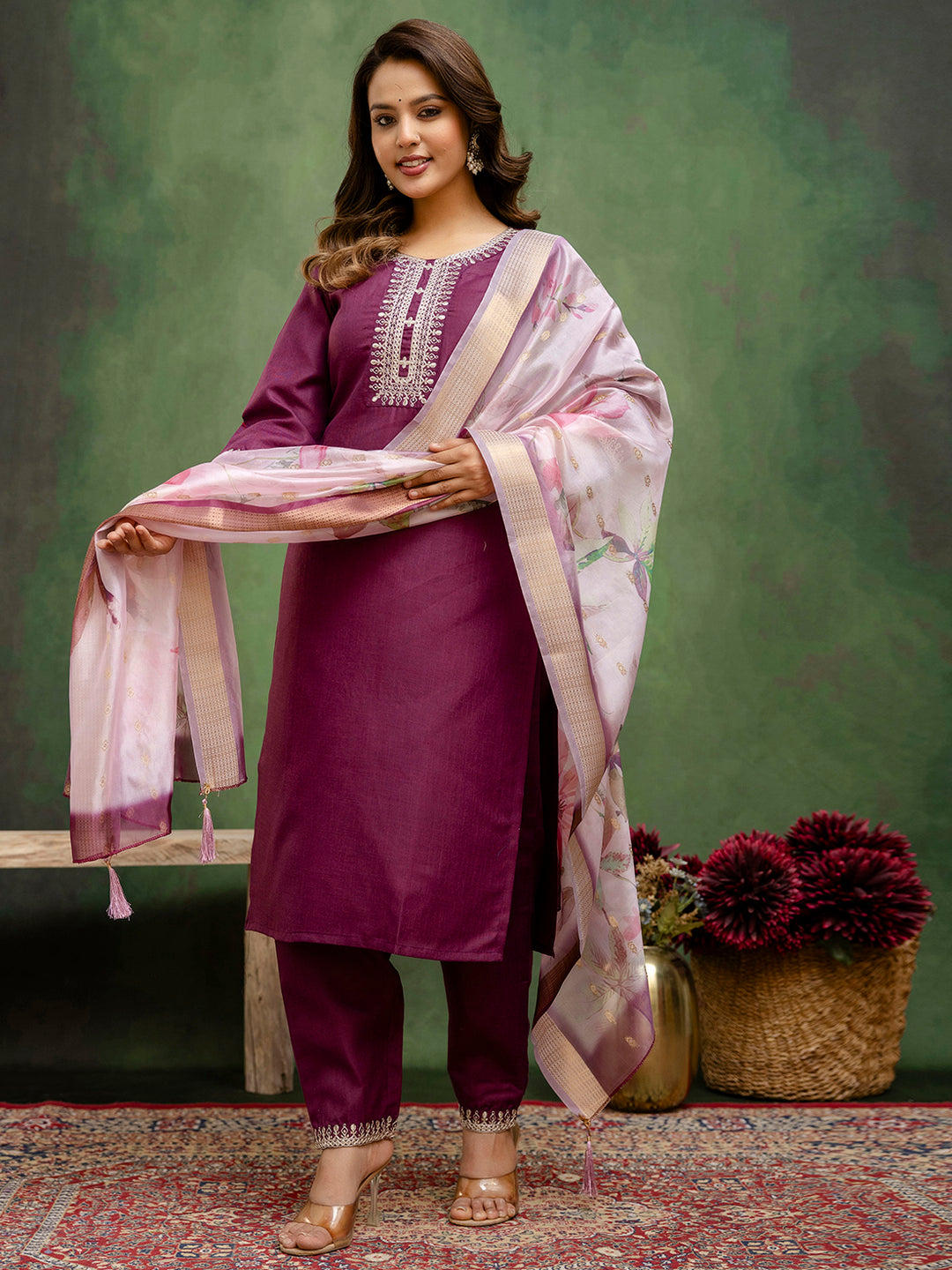 Dhiyona VV Nitya Purple Women Kurta and Trousers Pant Sets Cotton Blend