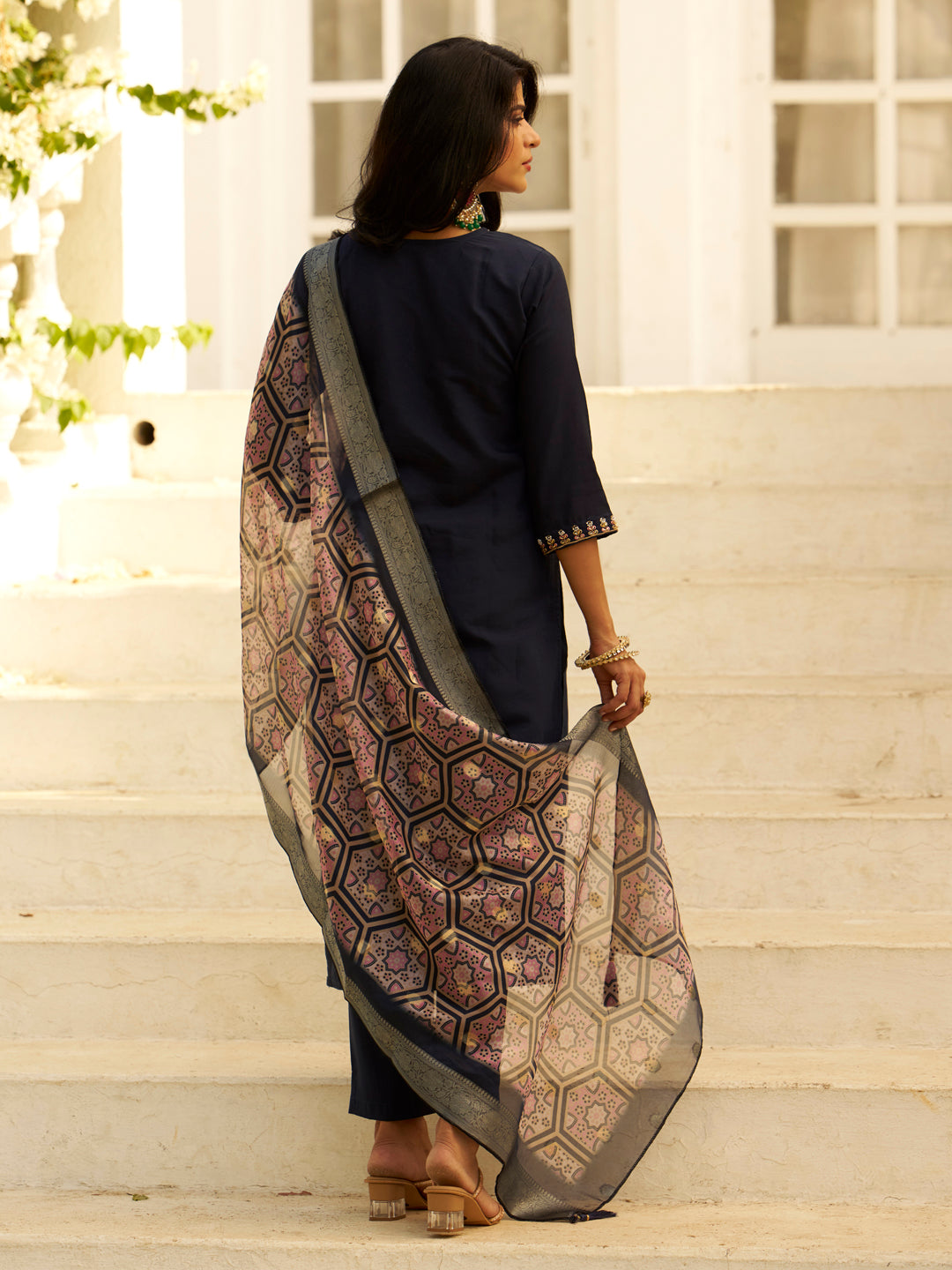 Dhiyona VV Abhiprithi Blue Embroidered Women Kurta Sets With Dupatta Straight Suits