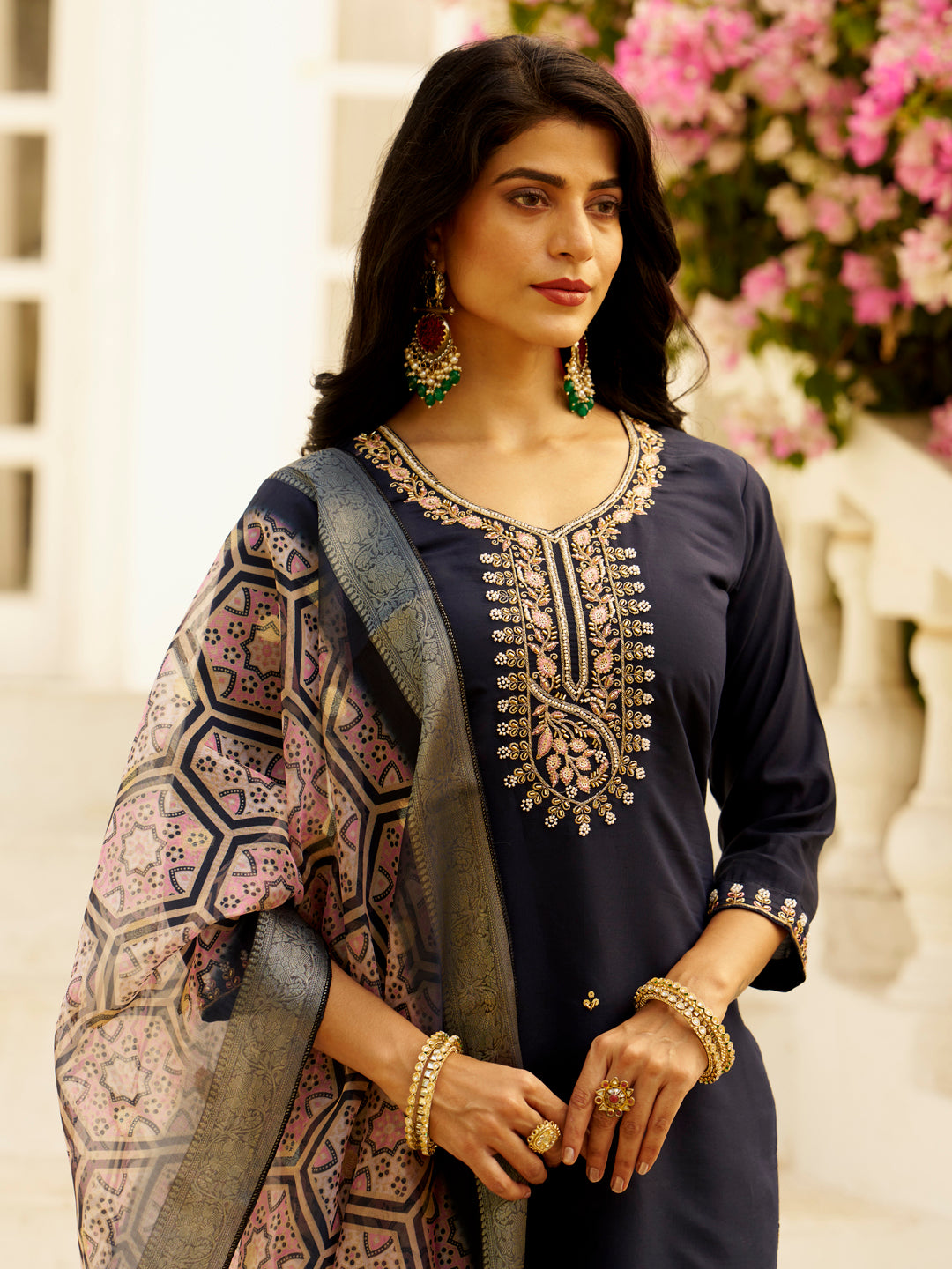 Dhiyona VV Abhiprithi Blue Embroidered Women Kurta Sets With Dupatta Straight Suits