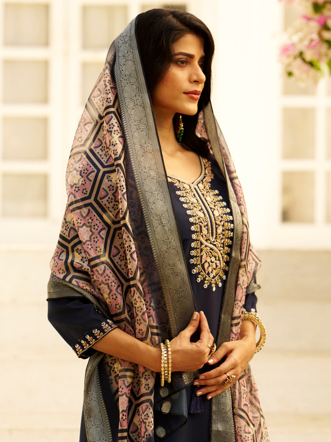 Dhiyona VV Abhiprithi Blue Embroidered Women Kurta Sets With Dupatta Straight Suits