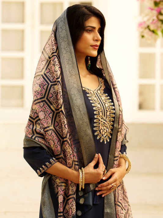 Dhiyona VV Abhiprithi Blue Embroidered Women Kurta Sets With Dupatta Straight Suits