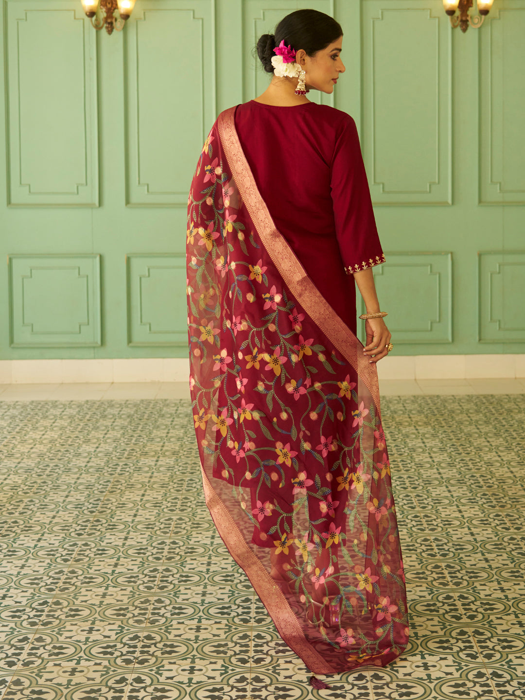 Dhiyona VV Bhuvika Beads Embroidered Maroon Women Kurta Sets With Dupatta Straight Suits