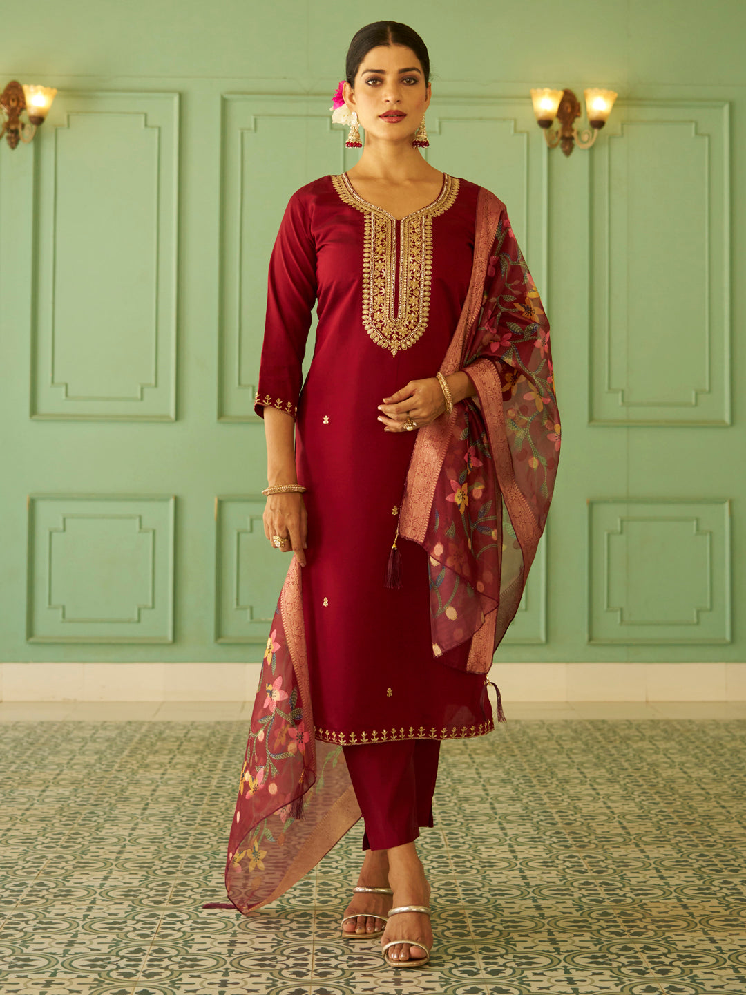 Dhiyona VV Bhuvika Beads Embroidered Maroon Women Kurta Sets With Dupatta Straight Suits