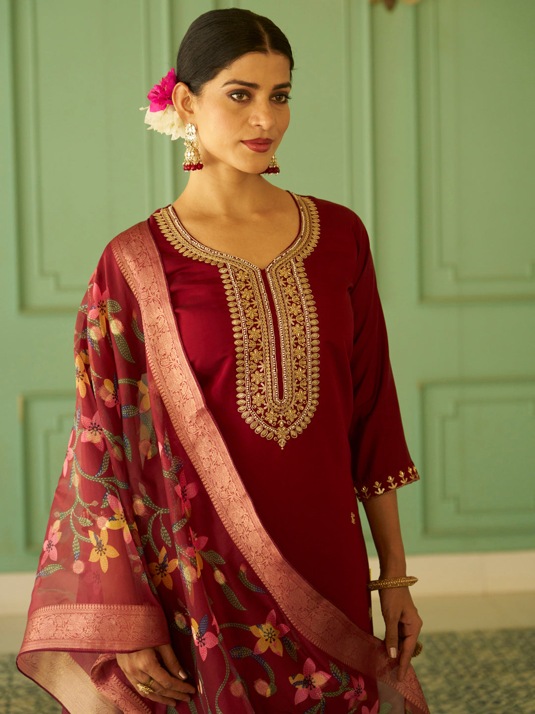 Dhiyona VV Bhuvika Beads Embroidered Maroon Women Kurta Sets With Dupatta Straight Suits