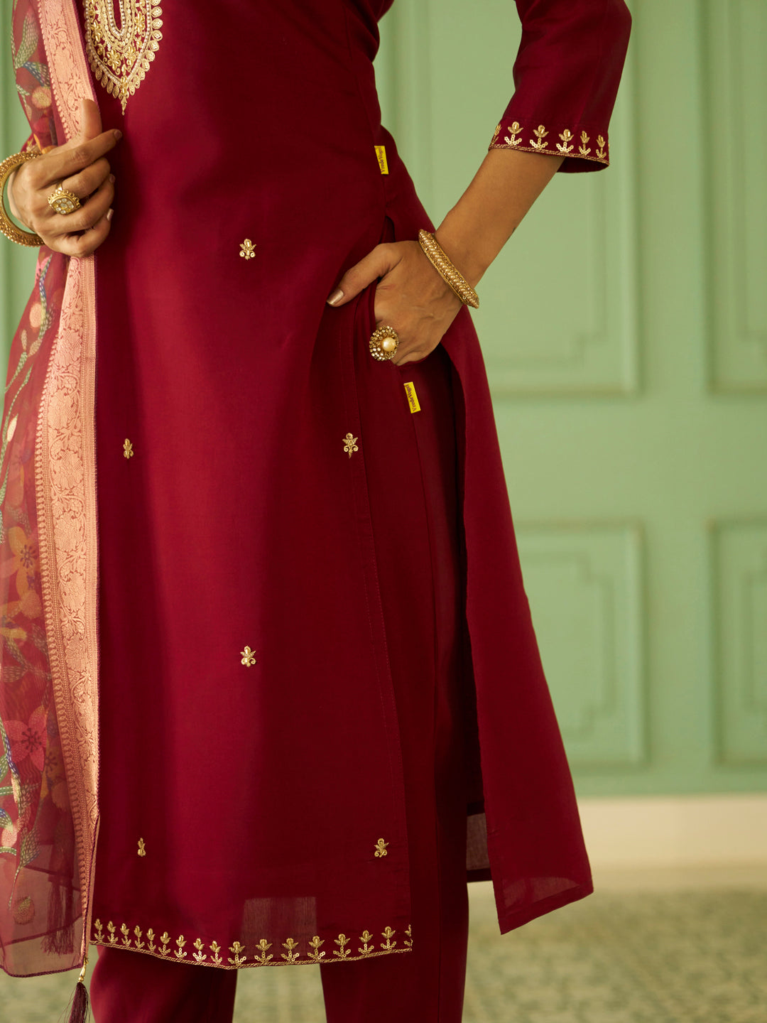 Dhiyona VV Bhuvika Beads Embroidered Maroon Women Kurta Sets With Dupatta Straight Suits