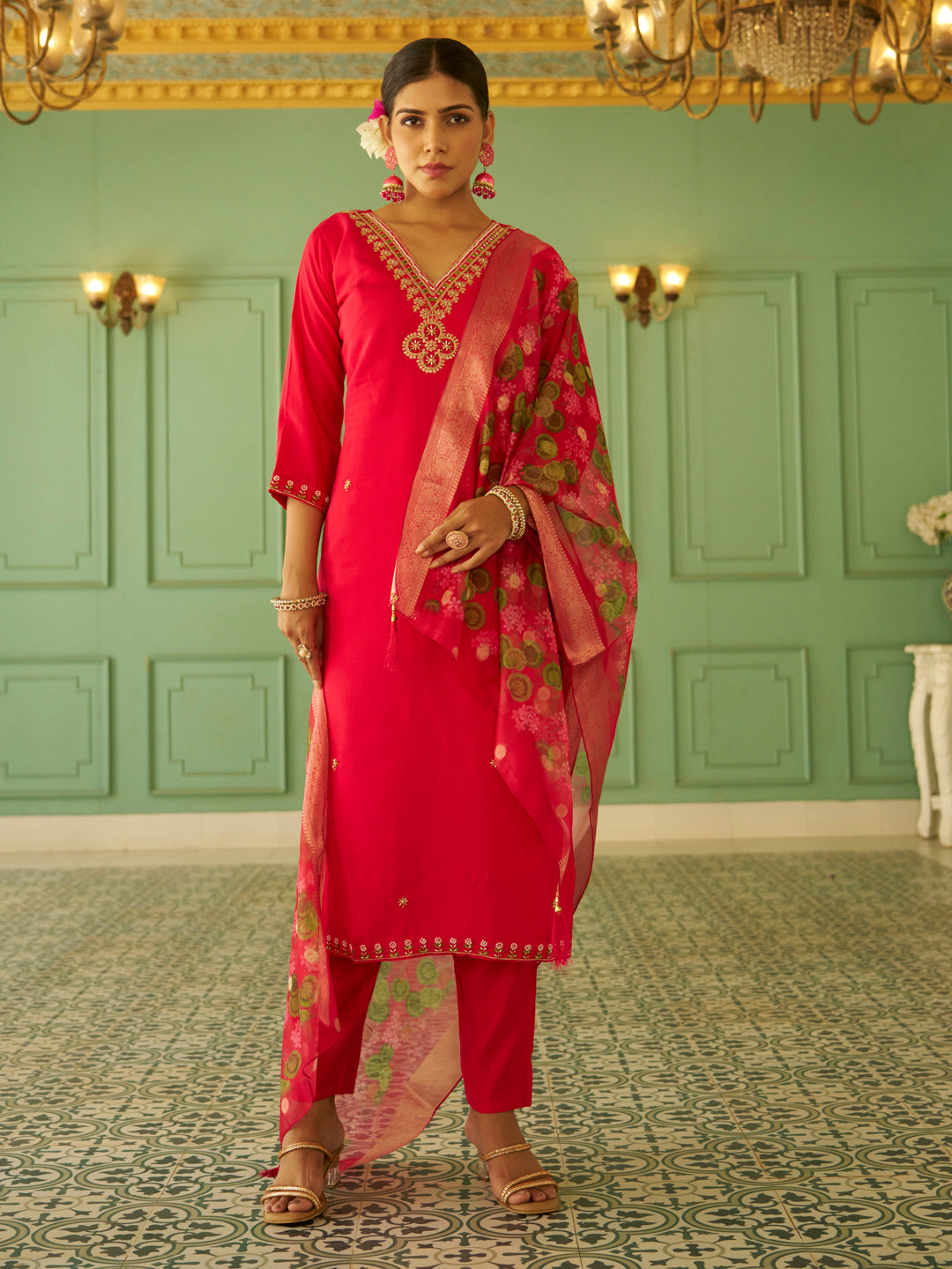 Dhiyona VV Aaravi Beads Embroidered Pink Women Kurta Sets With Dupatta Straight Suits