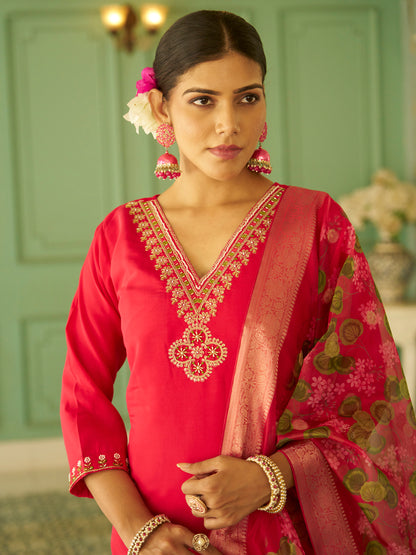 Dhiyona VV Aaravi Beads Embroidered Pink Women Kurta Sets With Dupatta Straight Suits
