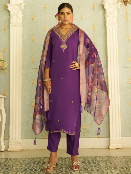 Dhiyona VV Apeksha Elegant Silk Blend Kurta Set with Beaded Embroidered Design & Organza Dupatta