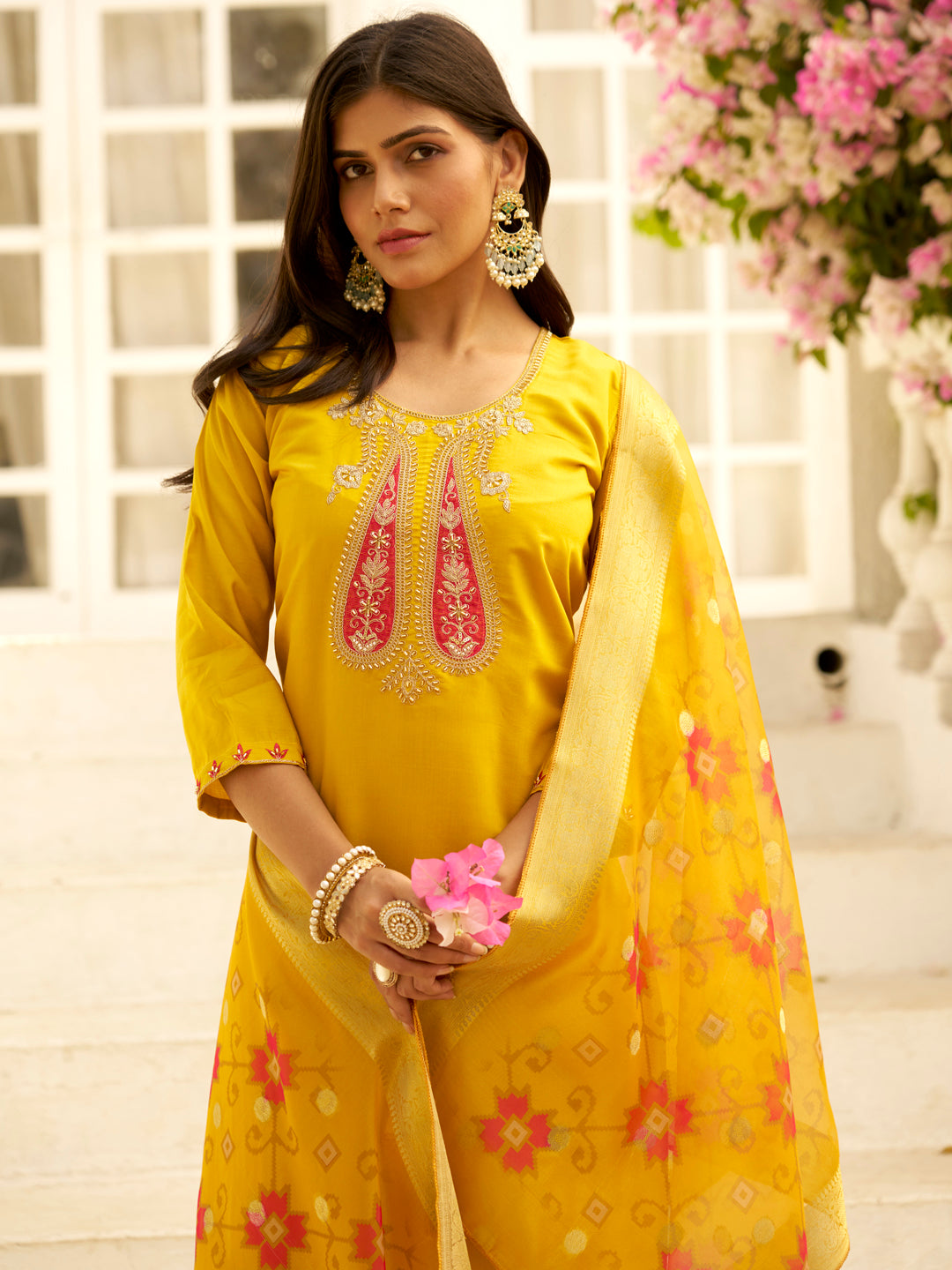 Dhiyona VV Akshara Yellow Silk Blend Kurta Set with Beaded Embroidered Design & Organza Dupatta