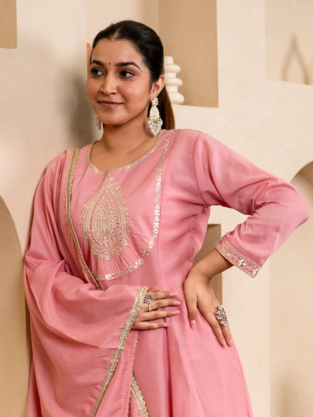 Dhiyona VV Zoya pink Anarkali Kurta and Pant Dupatta Set