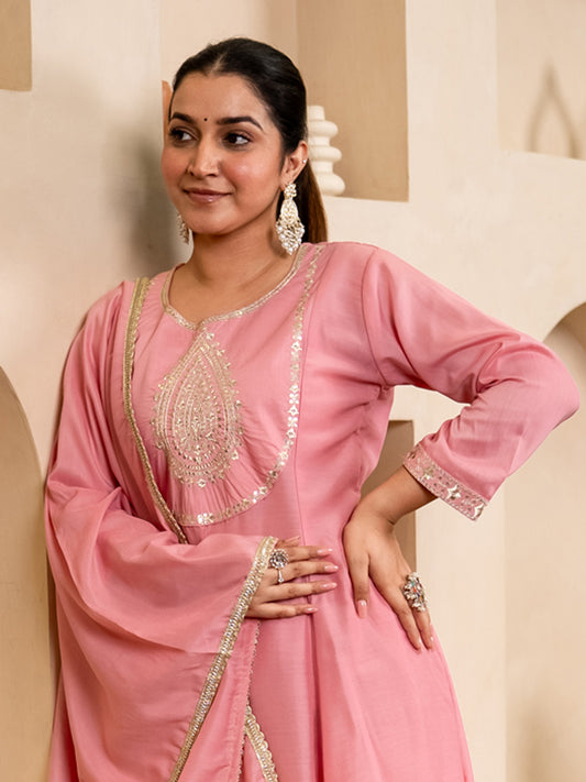 Dhiyona VV Zoya pink Anarkali Kurta and Pant Dupatta Set