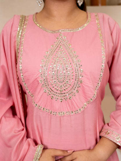 Dhiyona VV Zoya pink Anarkali Kurta and Pant Dupatta Set